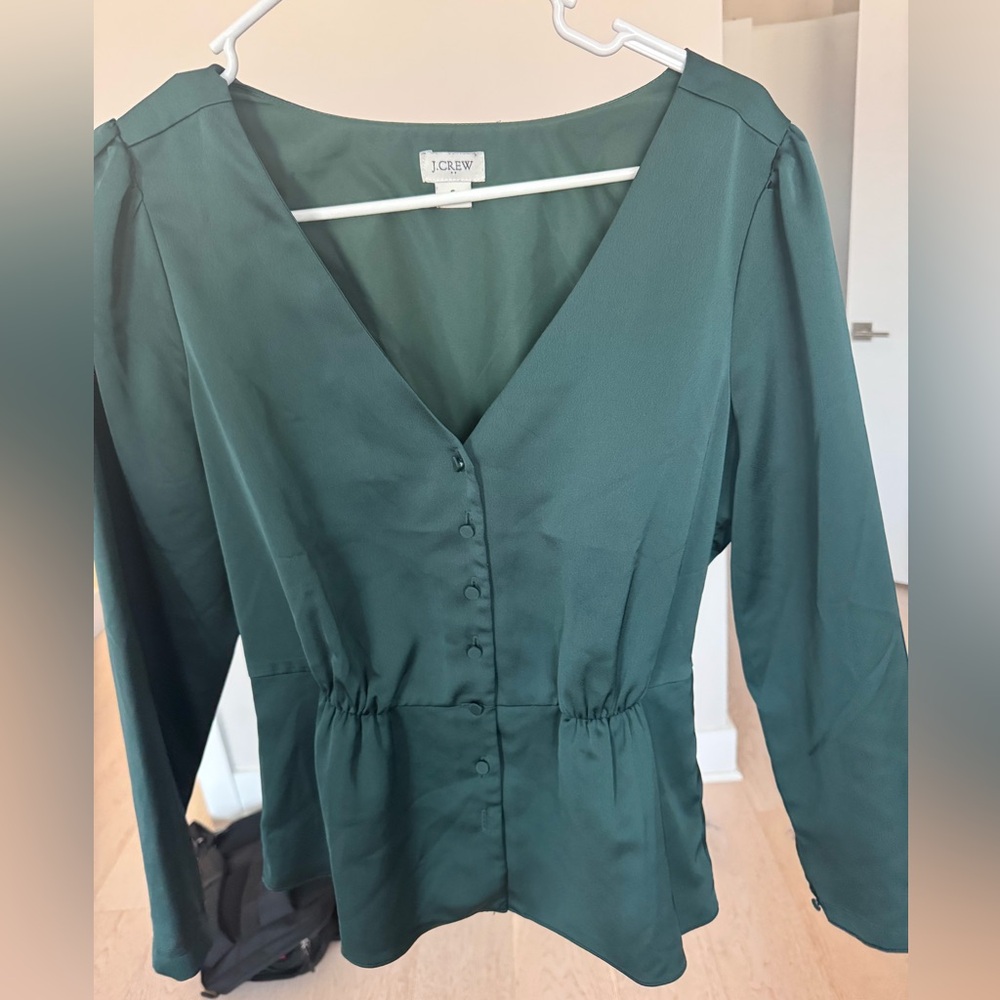 J. Crew Forest Green Button-Front Peplum Blouse – Size Small